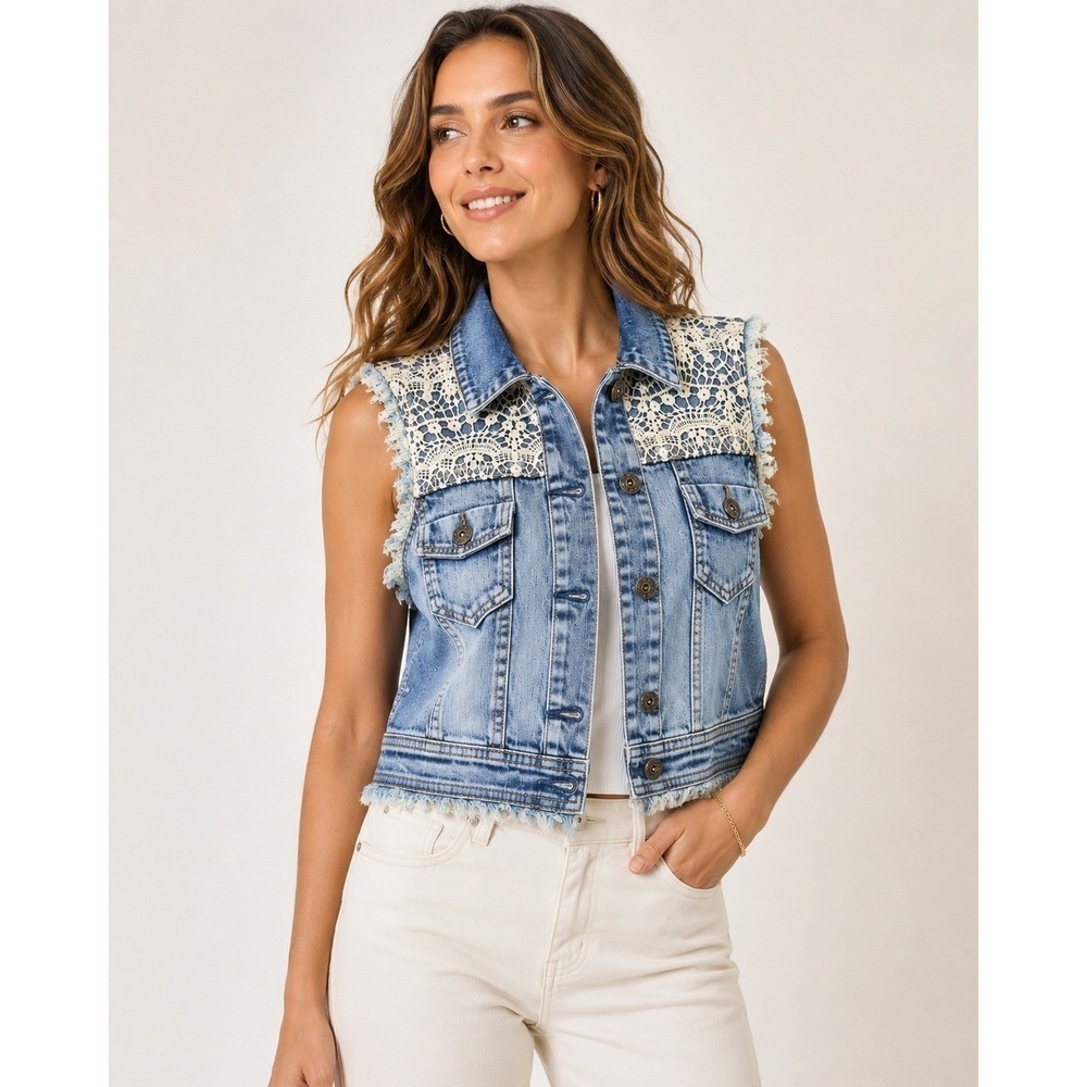 Boom Boom Jeans Women Large Blue Denim Vest Crochet Lace Distressed Frayed Boho‎